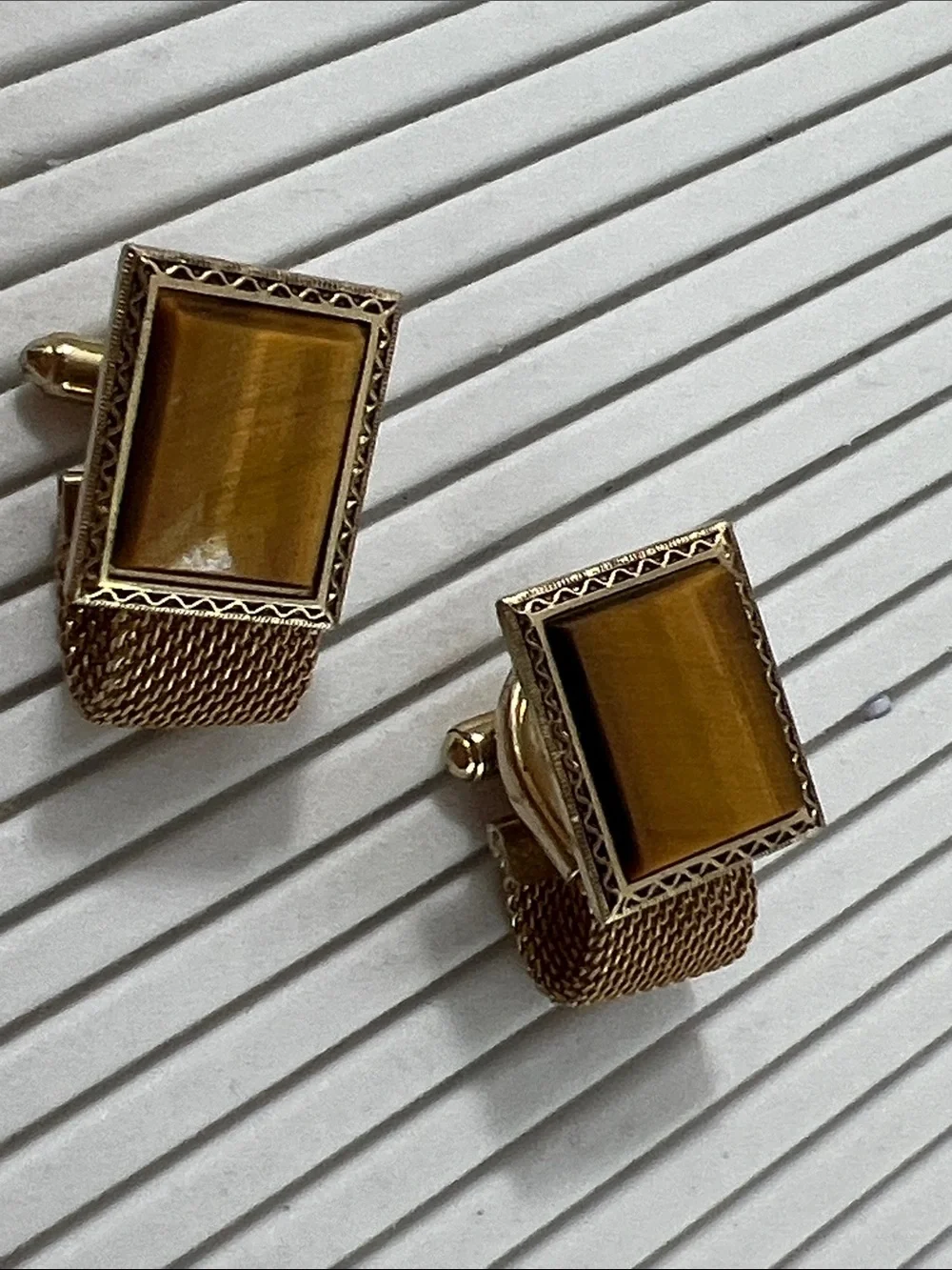 Gold-Tone Rectangular Tiger Eye Cuff Links with Woven Backing